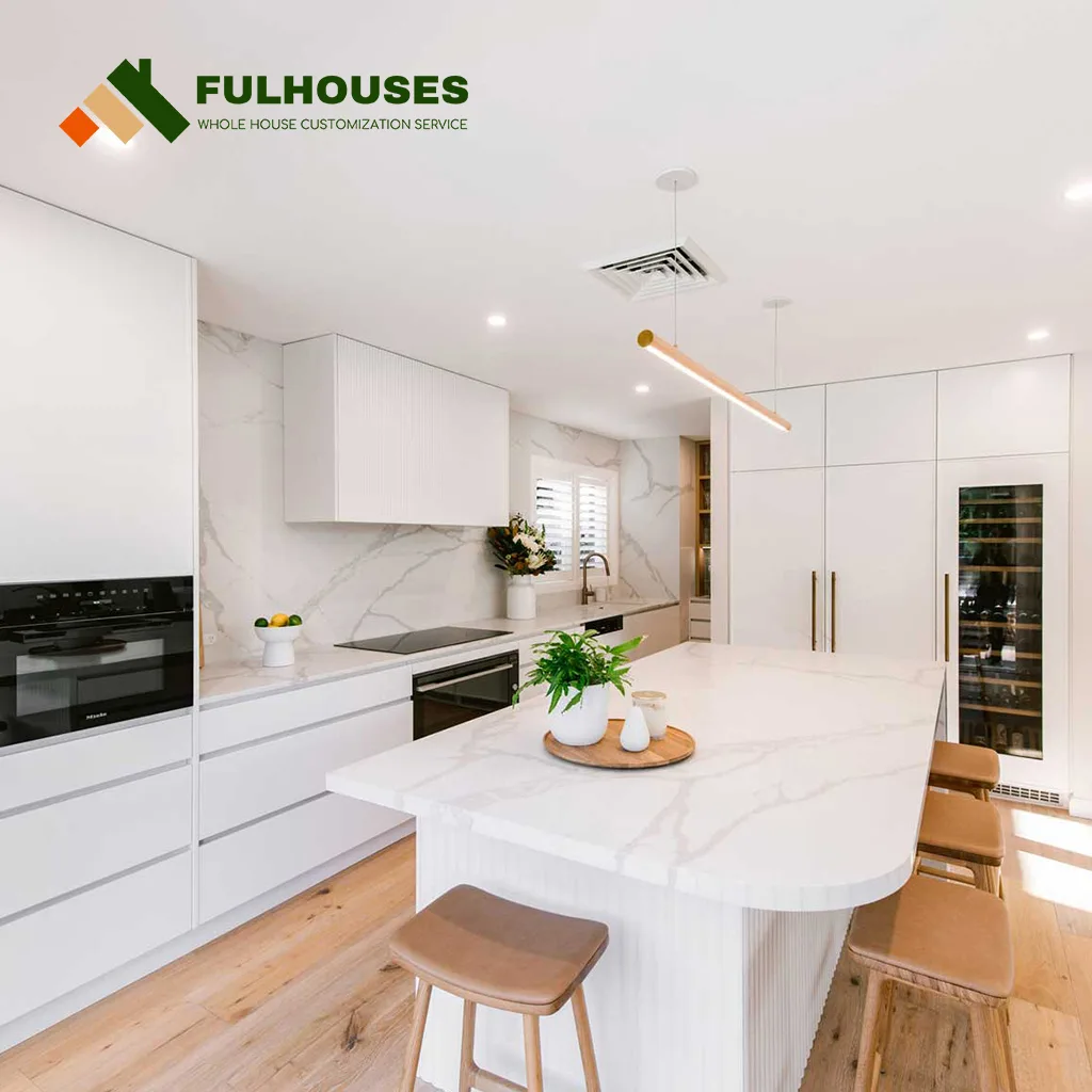 Custom White Slab Kitchen Cabinets