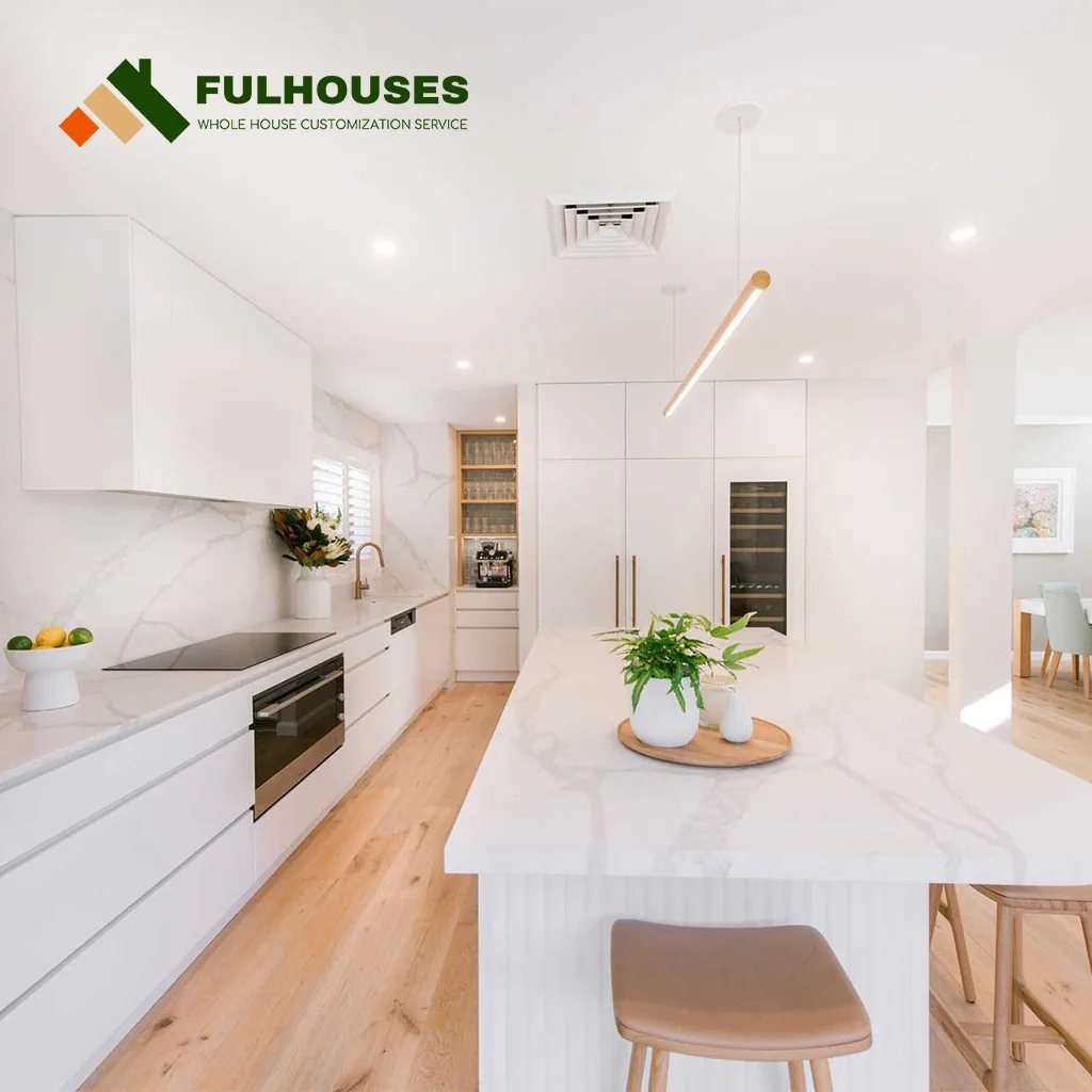 Custom White Slab Kitchen Cabinets - Image 2
