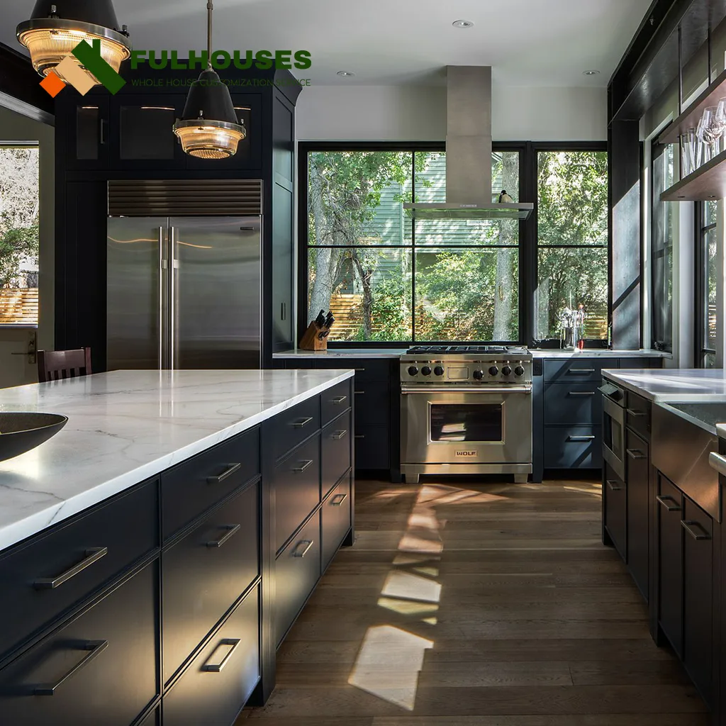Custom Black Kitchen Cabinets With White Countertops